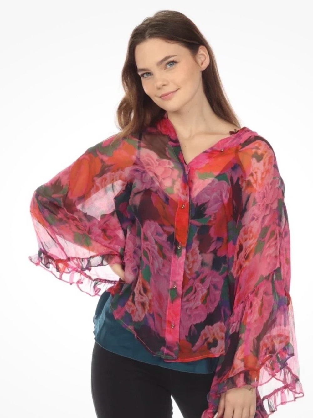 Johnny Was Jade Lars Silk Blouse With V NeckCami. Flowing & Stunning XL NWT